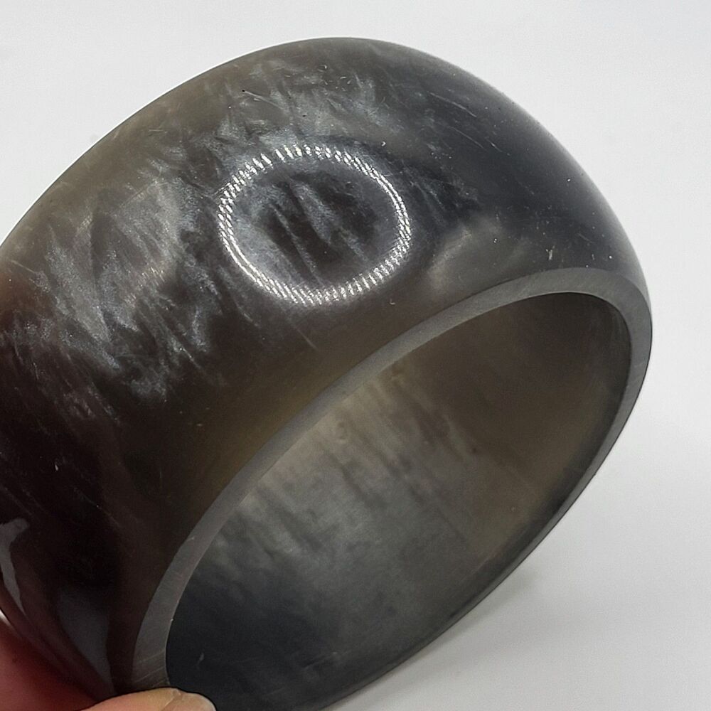 Vintage 80s Chunky Wide Silver Marbled Resin Acrylic Bangle Bracelet 2.5in Dia